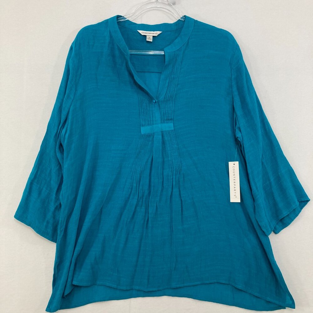 New‎ Counterparts Top size XL Blue Turquoise Pintuck Soft Flowy Preppy Office